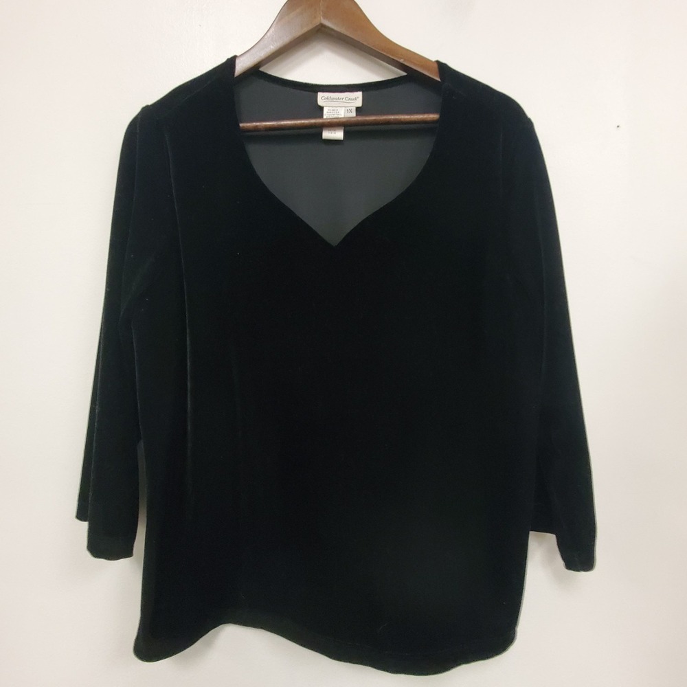 Coldwater Creek‎ Womens Black Velvet Top Size 1X Sweetheart 3/4 Sleeve Witchy